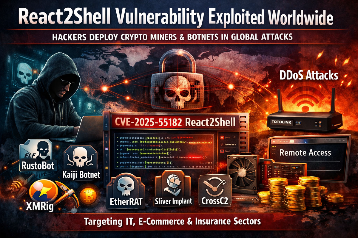 Threat Actors Exploit React2Shell Vulnerability to Deploy Cryptocurrency Miners and Botnets Worldwide