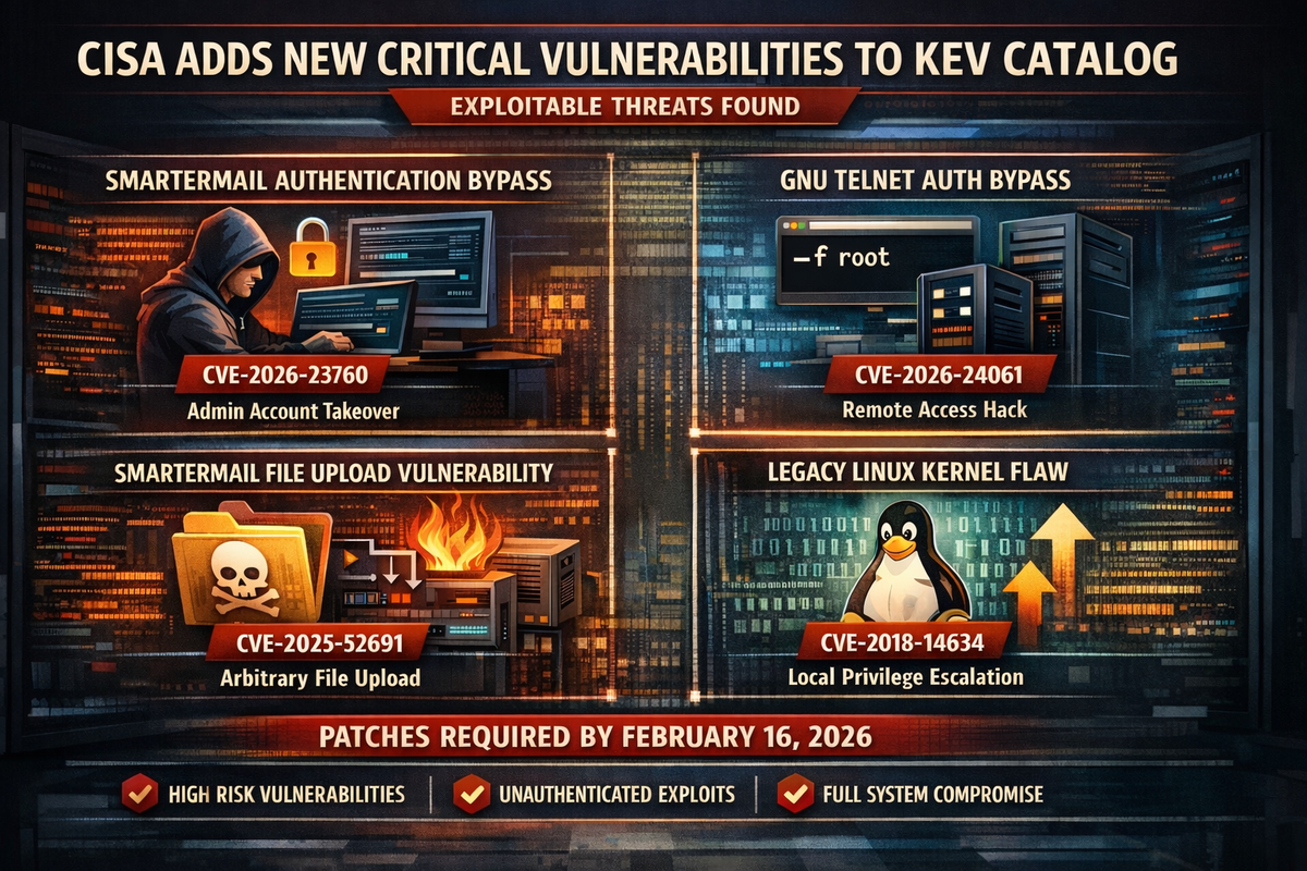 CISA Adds Four Vulnerabilities to KEV Catalog Including Critical SmarterMail Authentication Bypass