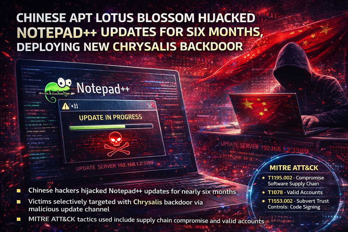 Chinese APT Lotus Blossom Hijacked Notepad++ Updates for Six Months, Deploying New Chrysalis Backdoor