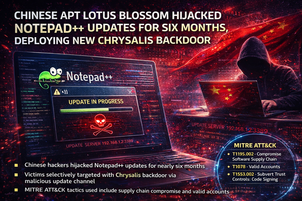 Chinese APT Lotus Blossom Hijacked Notepad++ Updates for Six Months, Deploying New Chrysalis Backdoor